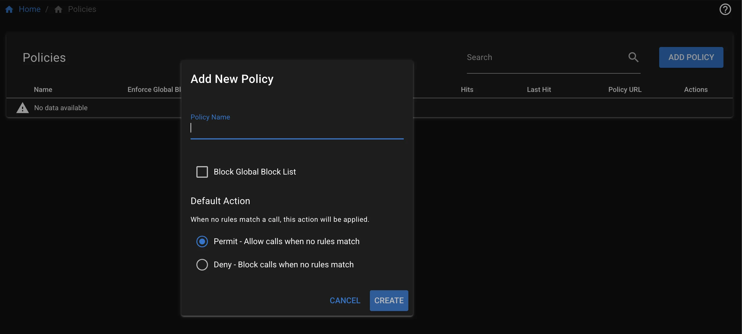 Screenshot of adding a new policy