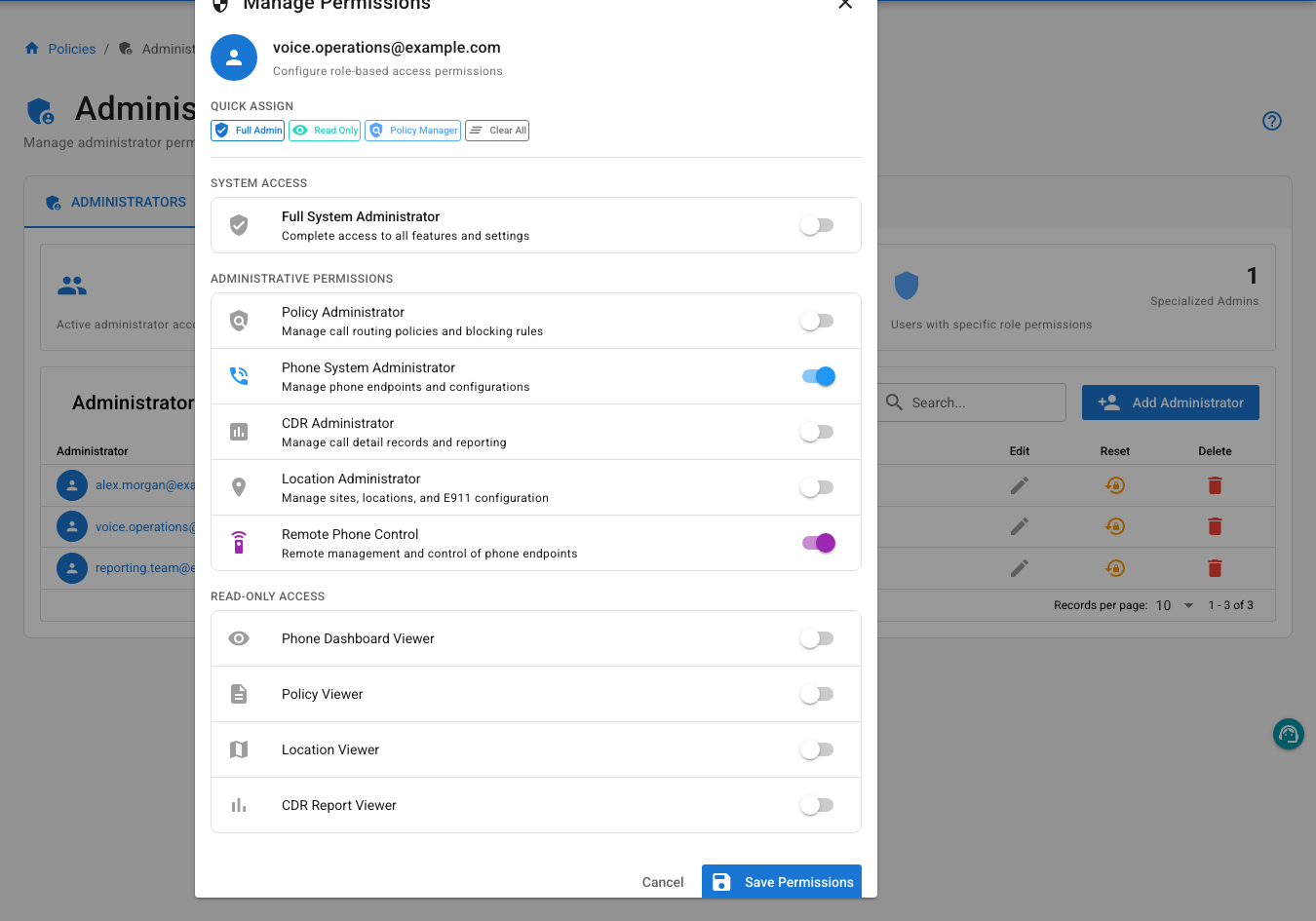 Manage Permissions dialog with Quick Assign templates and granular administrator and viewer role toggles