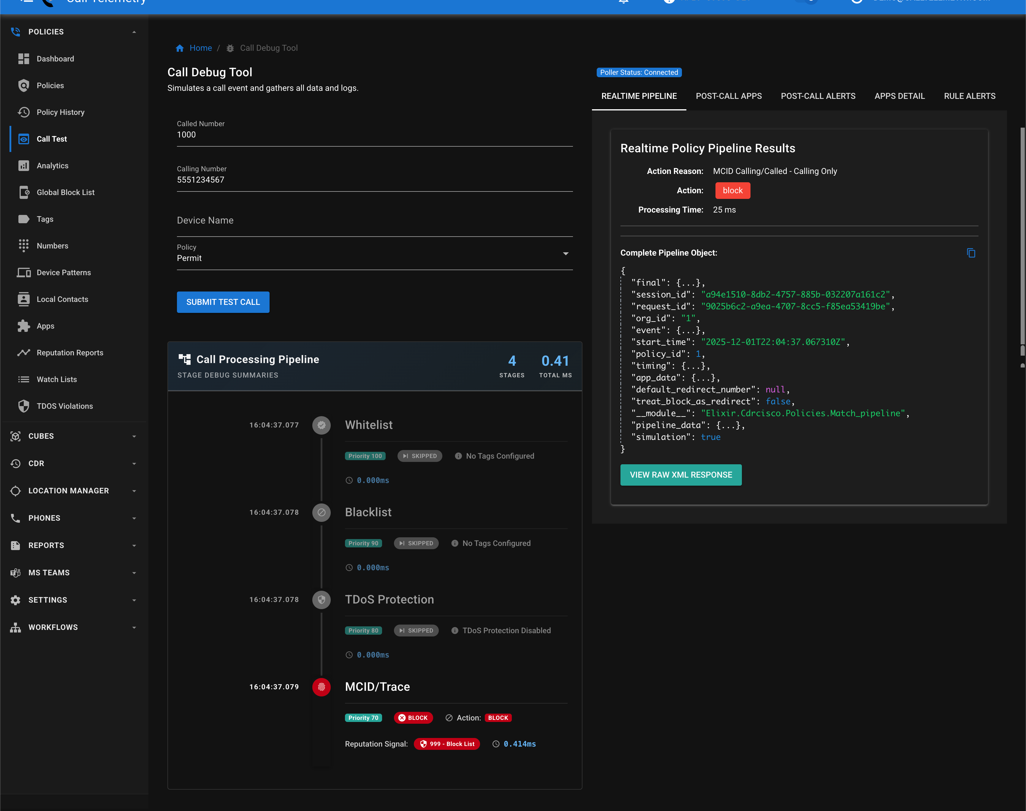 Screenshot of Call Debug Tool showing a blocked call with MCID/Trace stage showing Block action