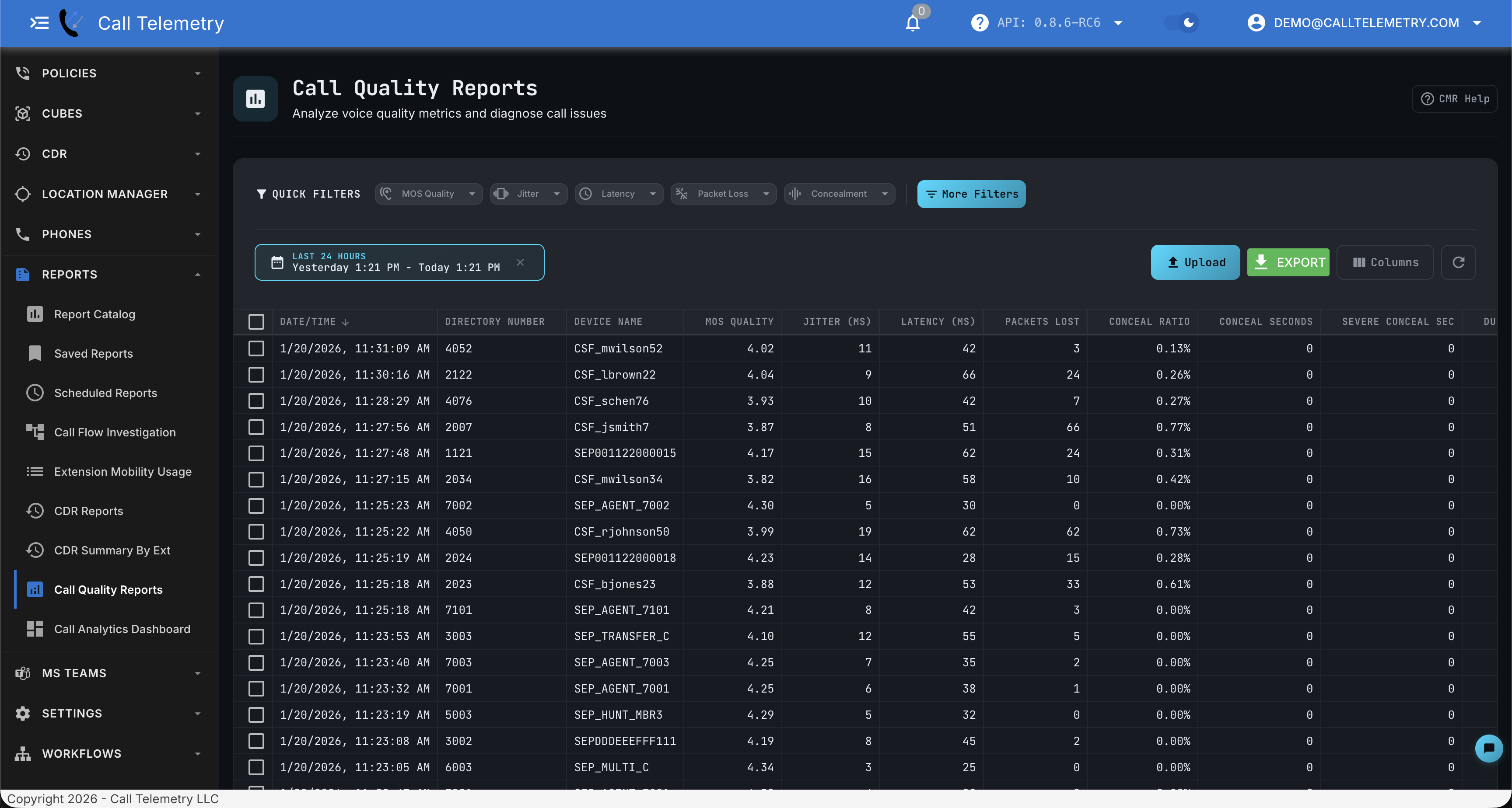 Call Quality Reports interface showing quality metrics table with filtering options