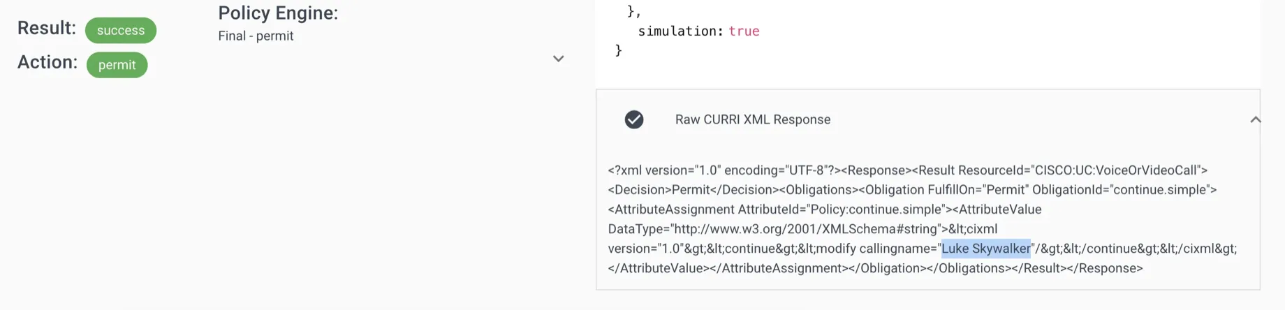 CURRI response showing resolved name
