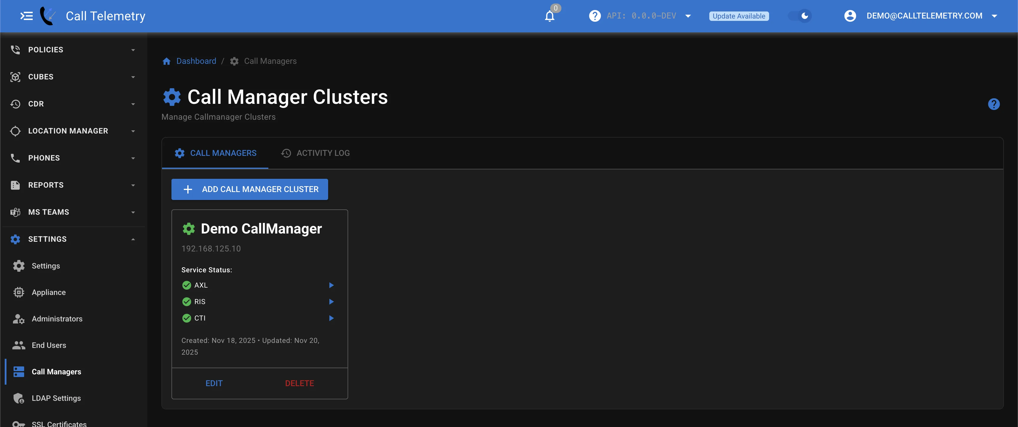 Screenshot of Callmanager Sidebar link