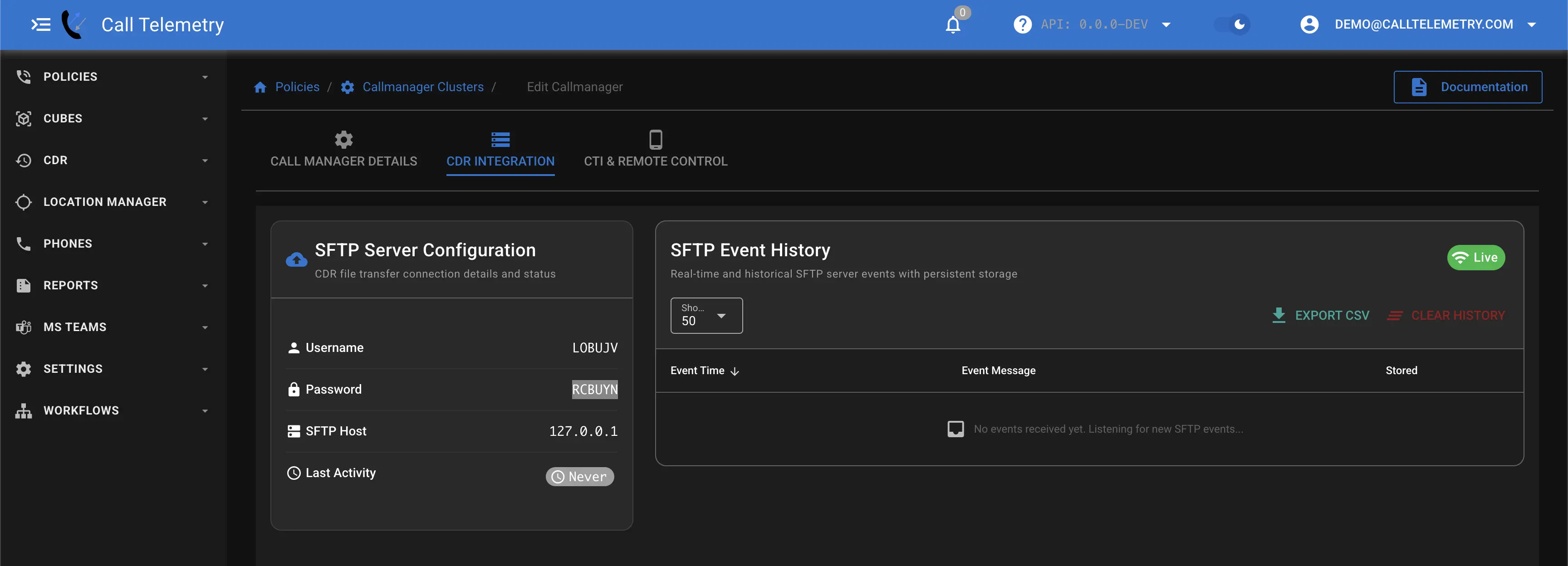 Screenshot of the Call Telemetry Edit Callmanager page showing CDR SFTP credentials and live event processing