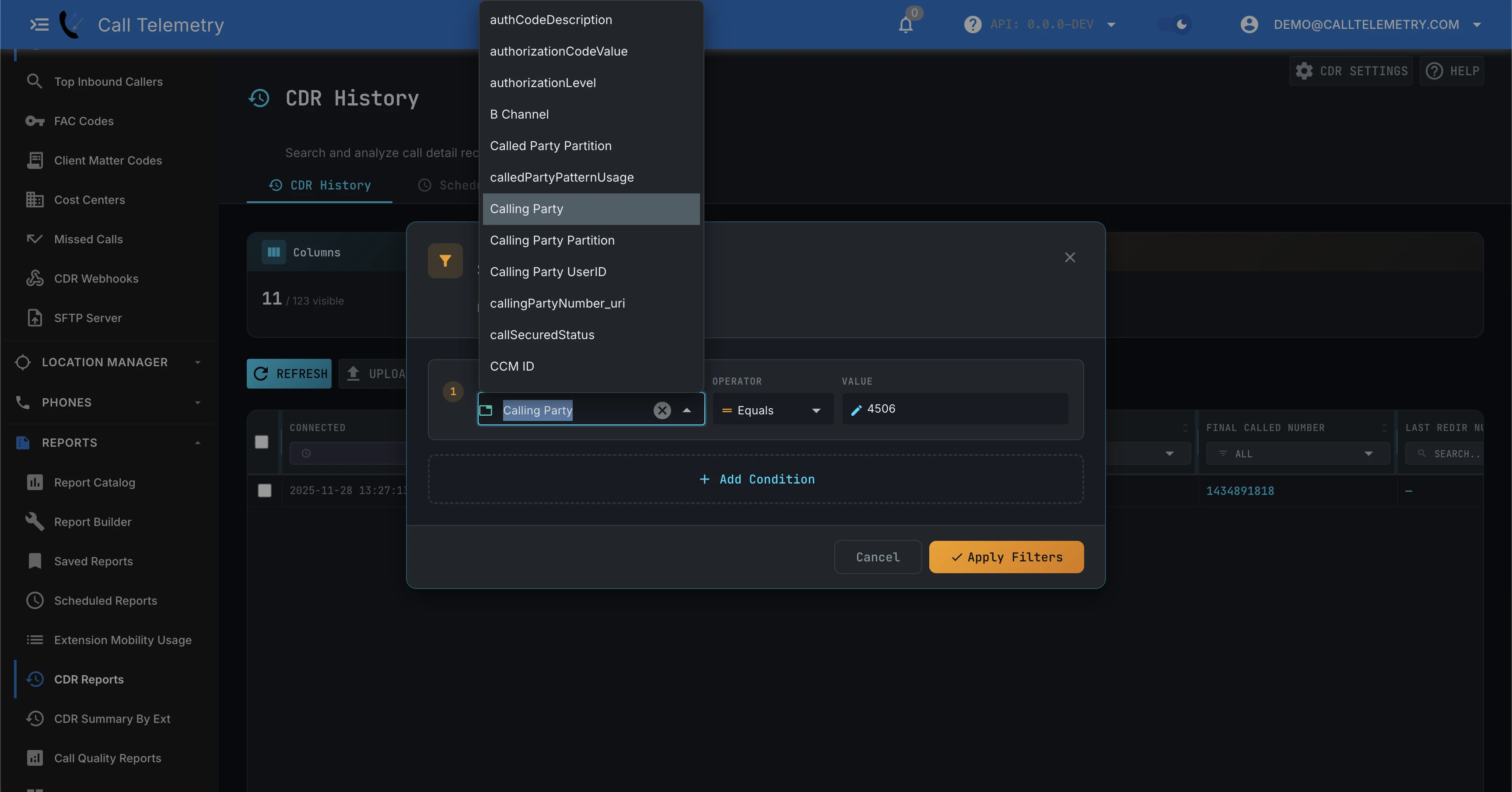 Screenshot of CDR Reporting with field filters
