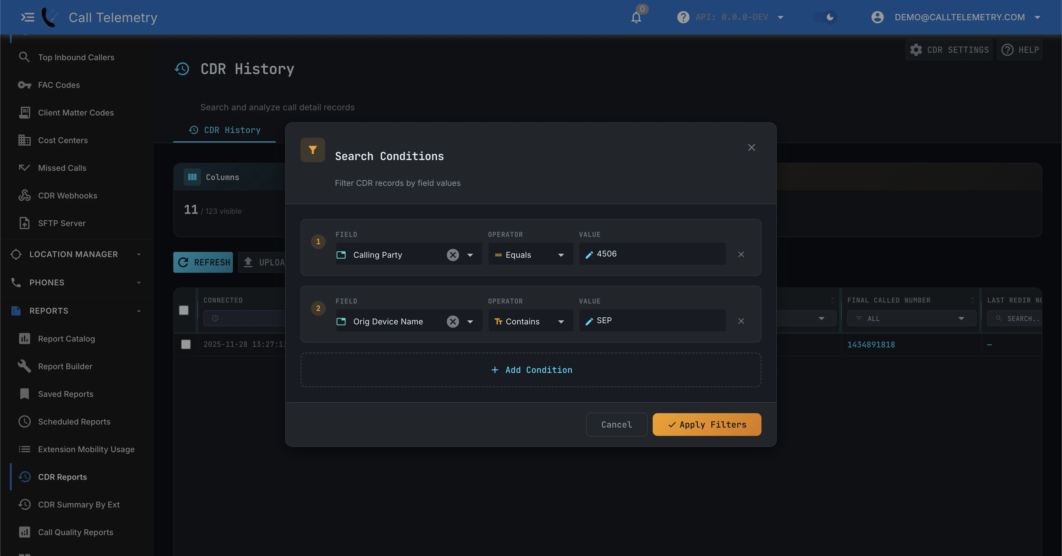 Screenshot of CDR Reporting with complex queries