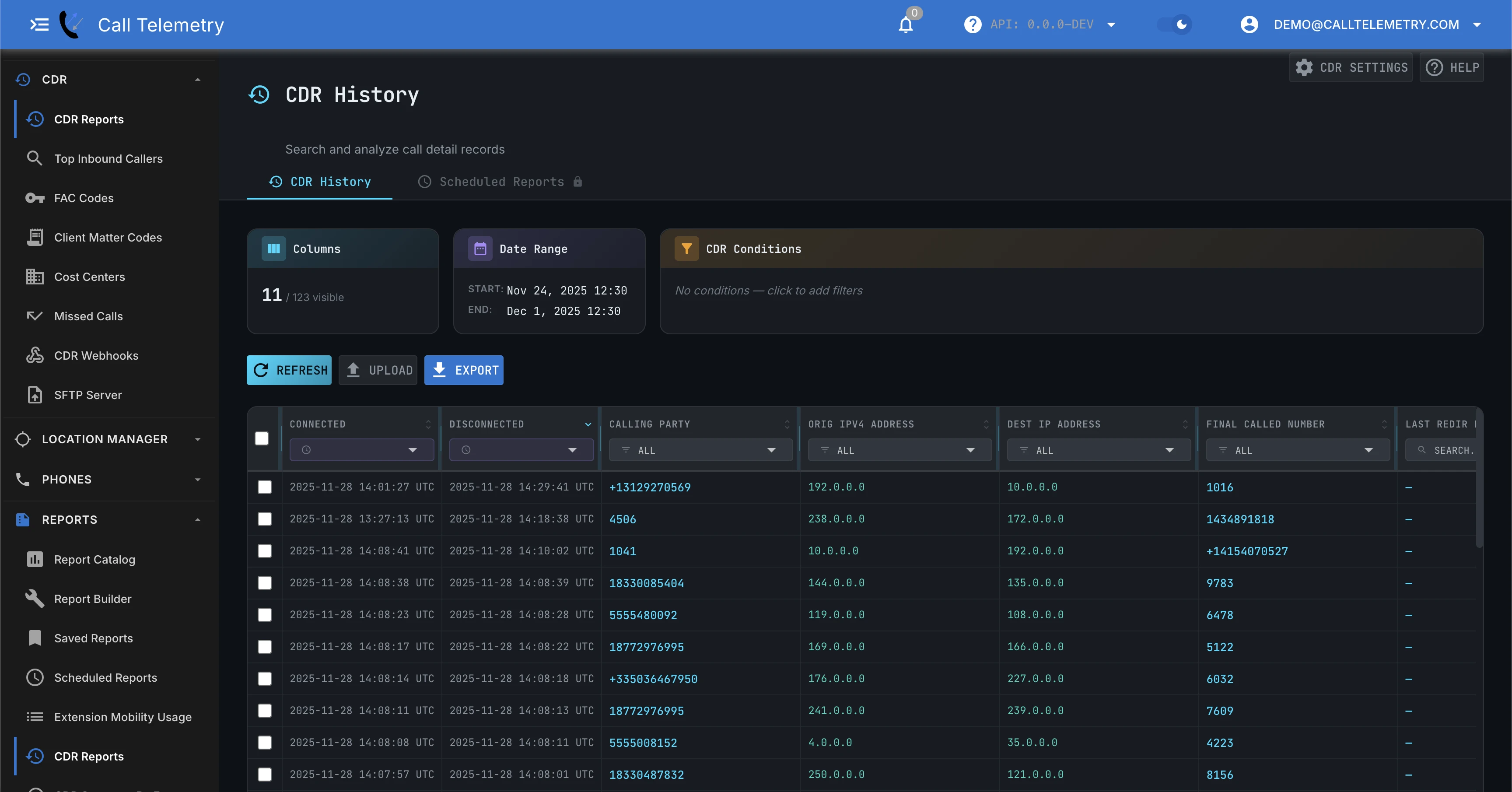 Screenshot of CDR History with filters, columns, and exports