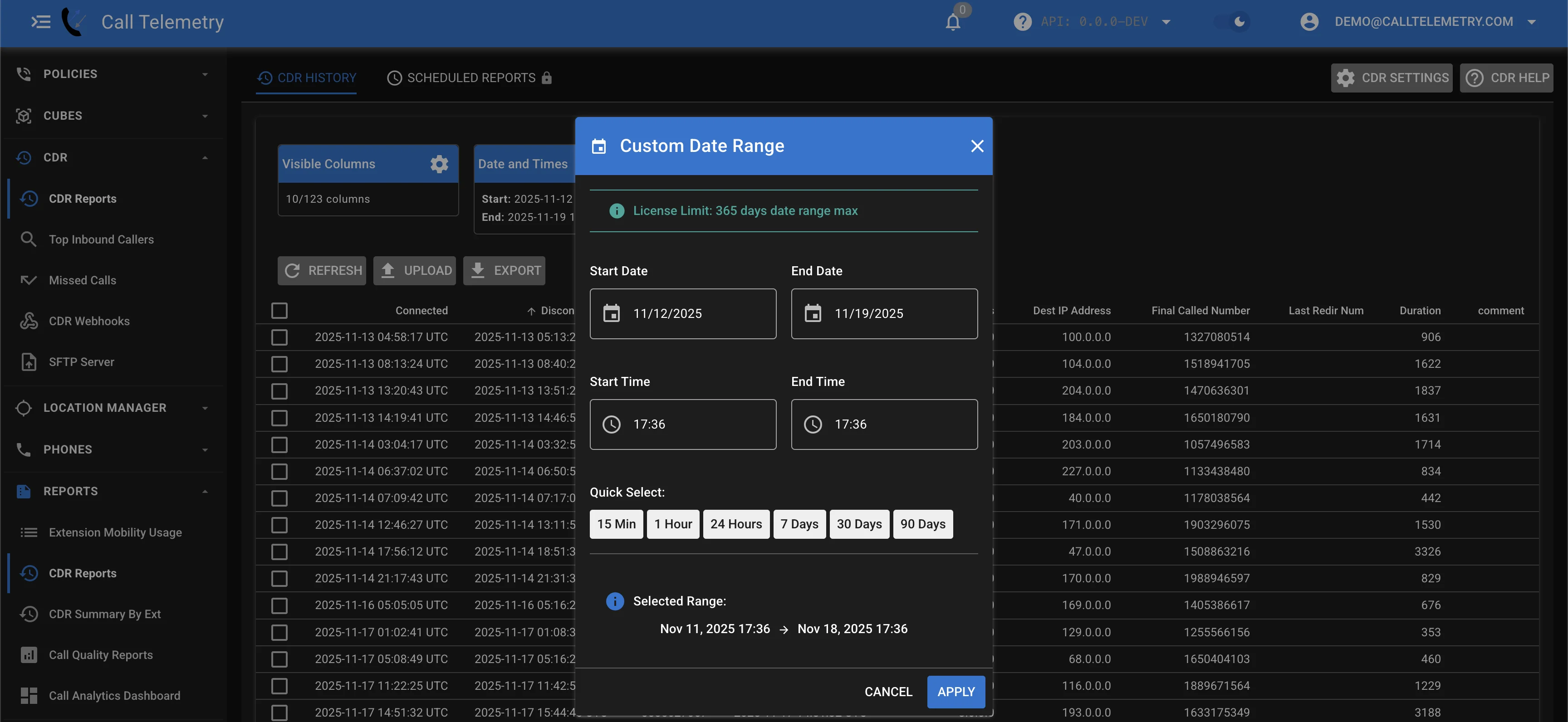 Screenshot of CDR Reporting with date range filter