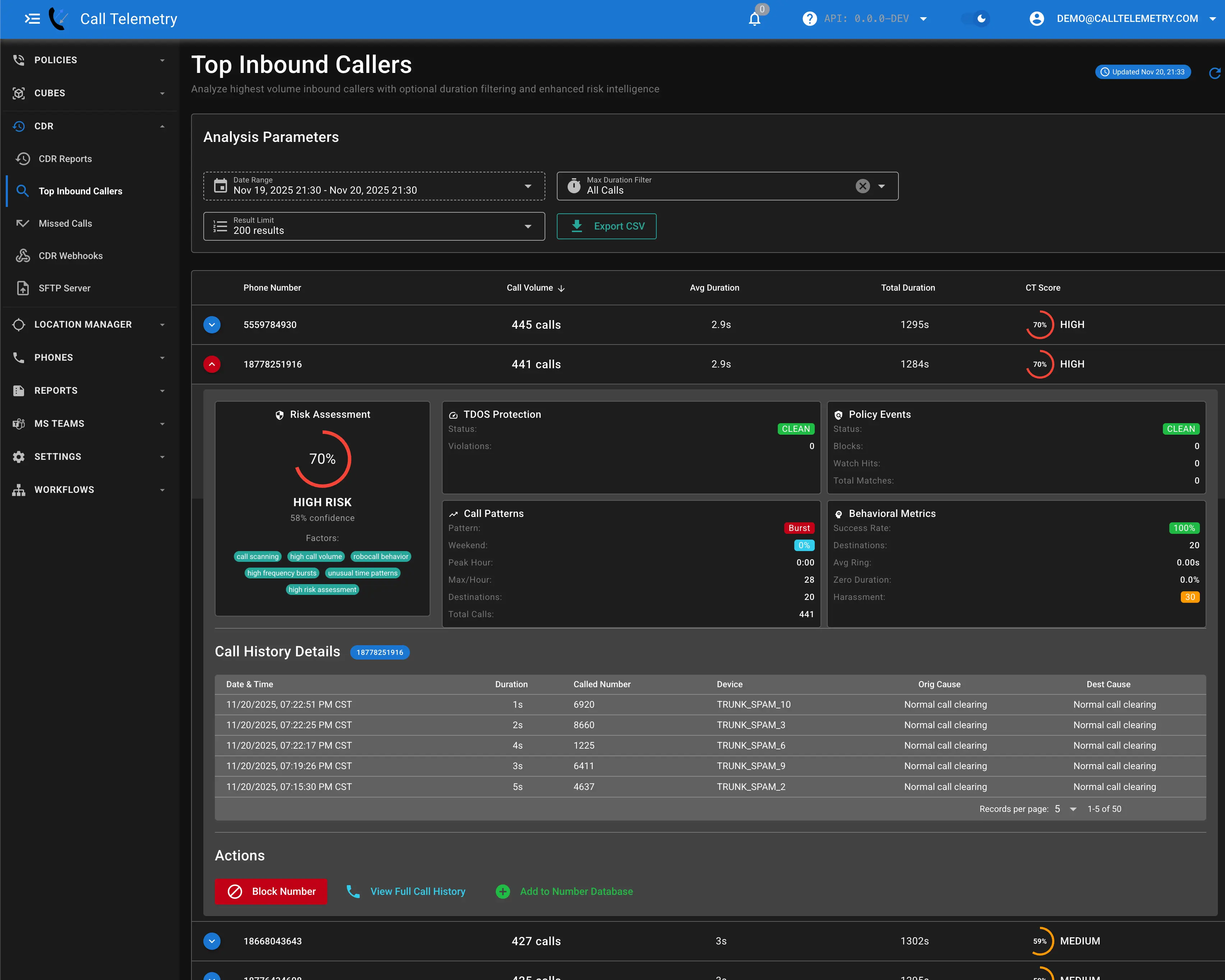 Screenshot showing low duration calls to block
