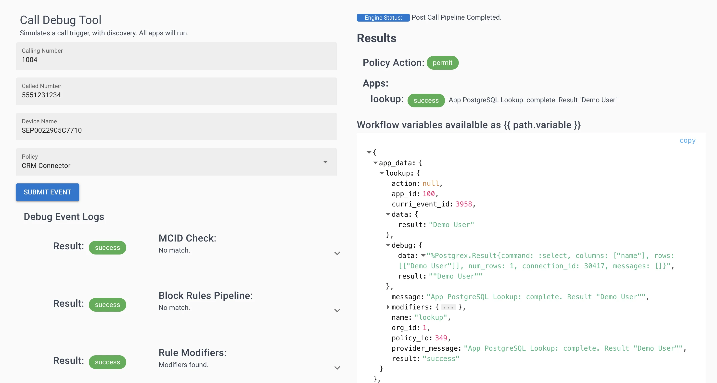 Call Test showing PostgreSQL query results
