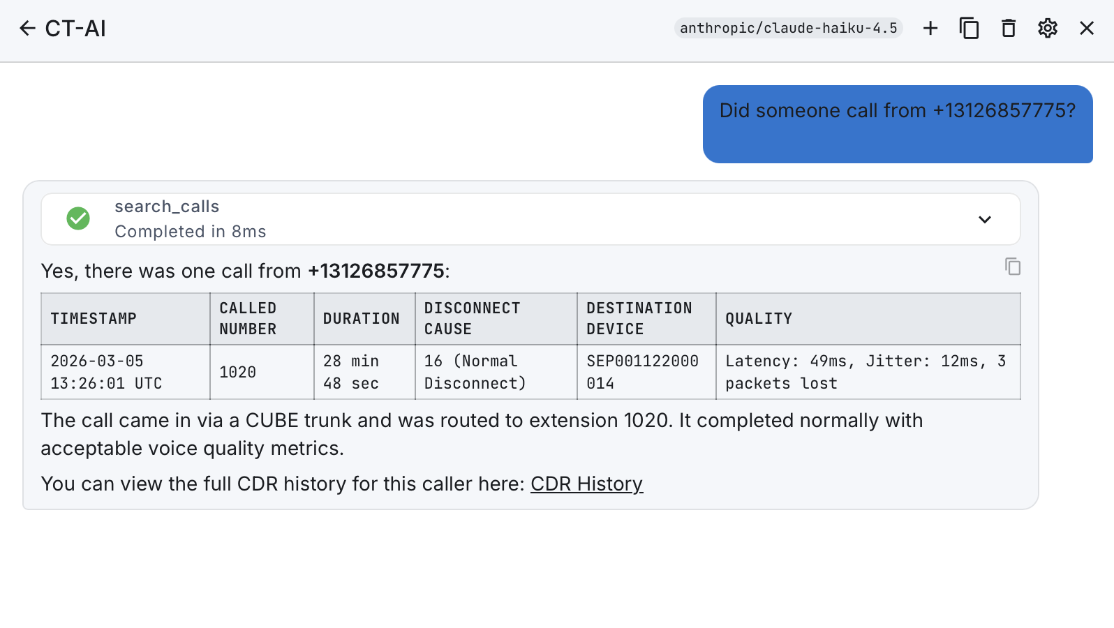 CT-AI searching calls and returning results with quality metrics