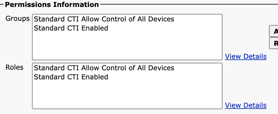 Screenshot of CTI roles in CUCM