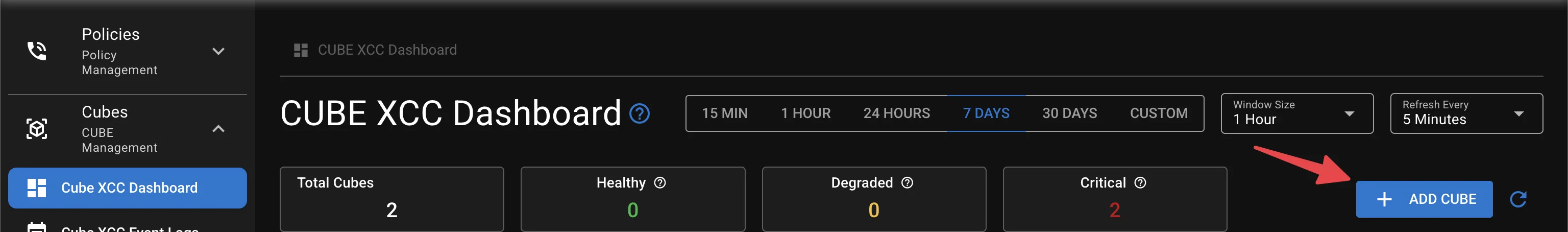 Screenshot of the Add CUBE control on the CUBE XCC Dashboard