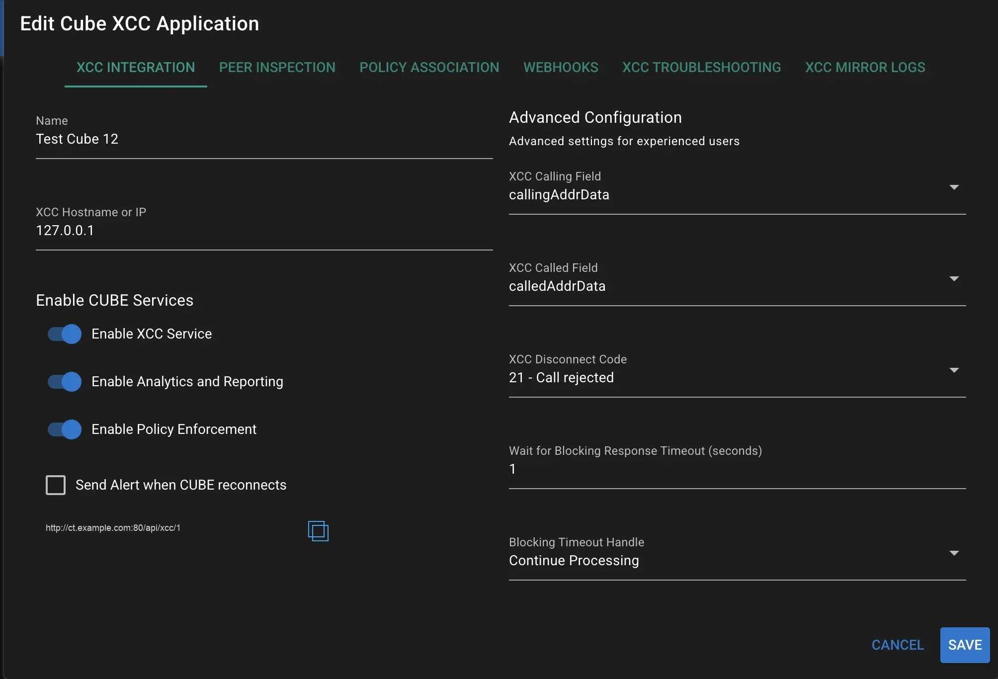 XCC Application URL on the Edit Cube dialog