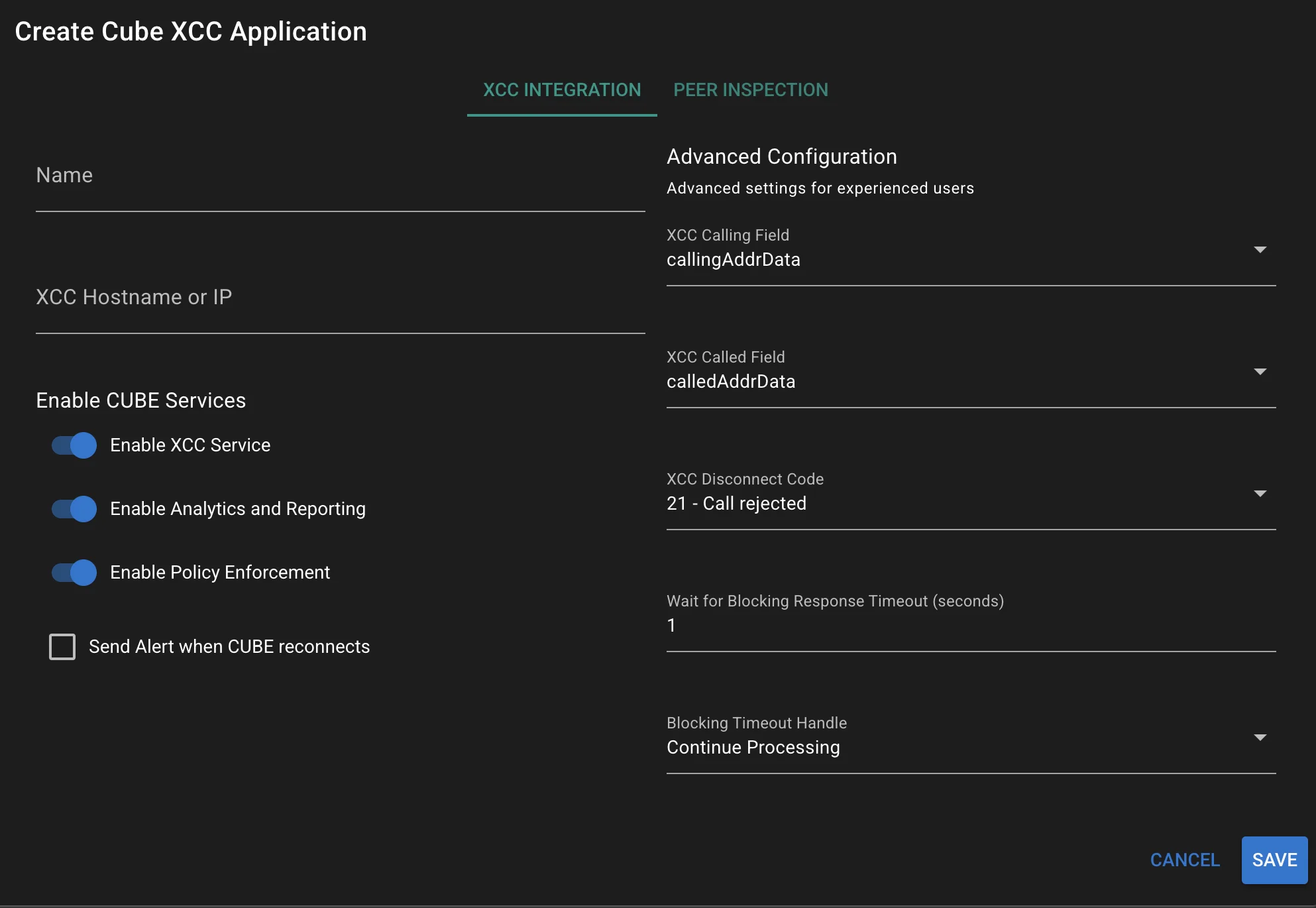 Screenshot of Create Cube XCC Application — XCC Integration tab