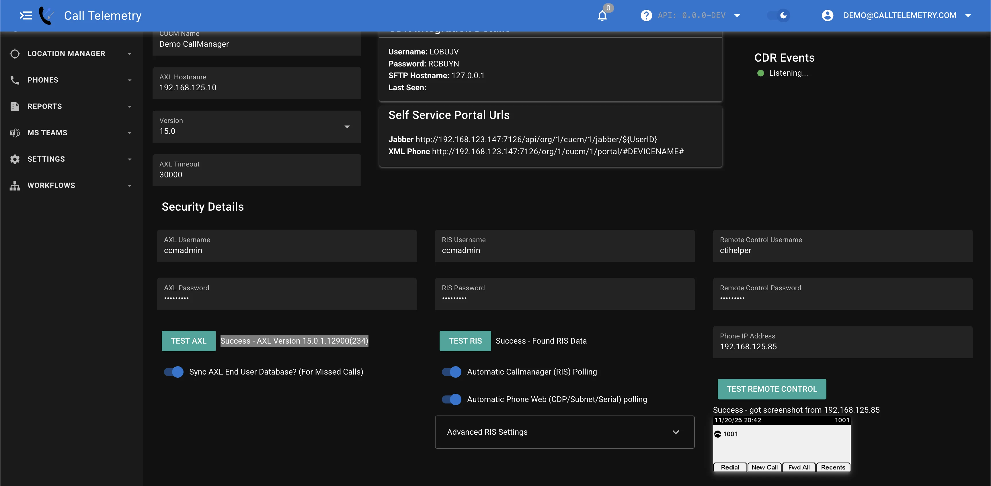 Screenshot of testing remote control of a Cisco IP Phone