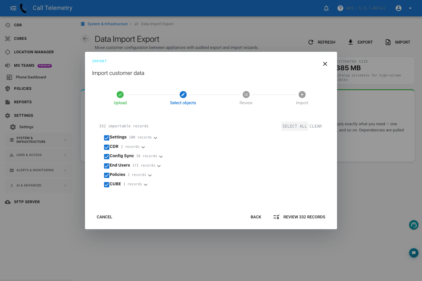 Customer data import selection