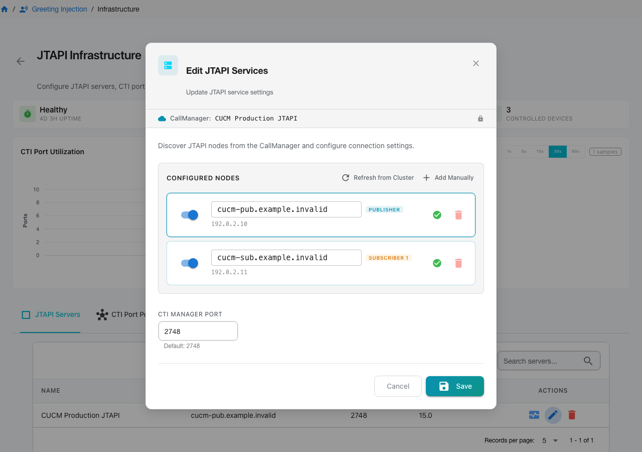 Edit JTAPI Services dialog showing the fictional CUCM publisher and subscriber nodes