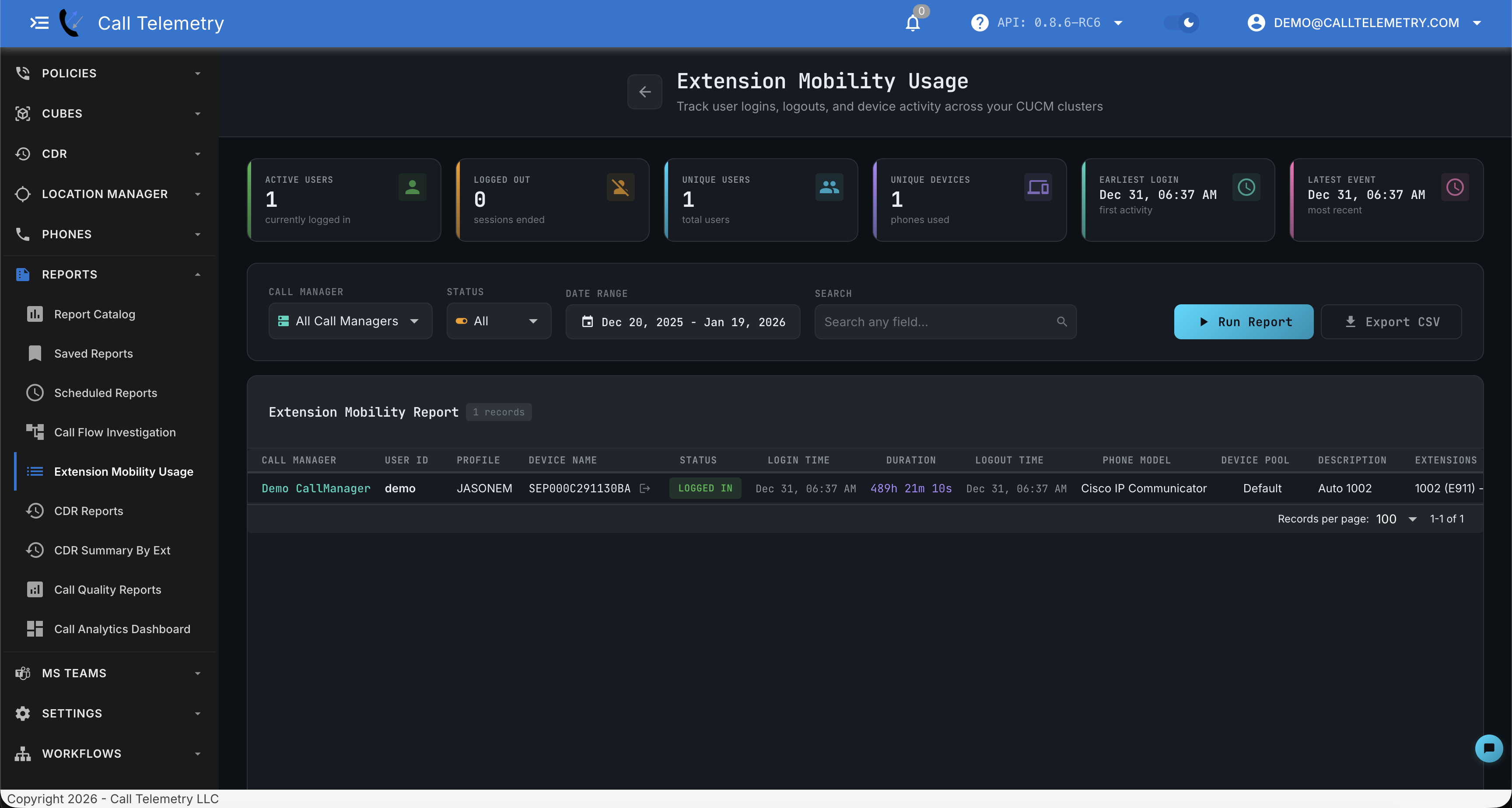 Extension Mobility Usage Report interface