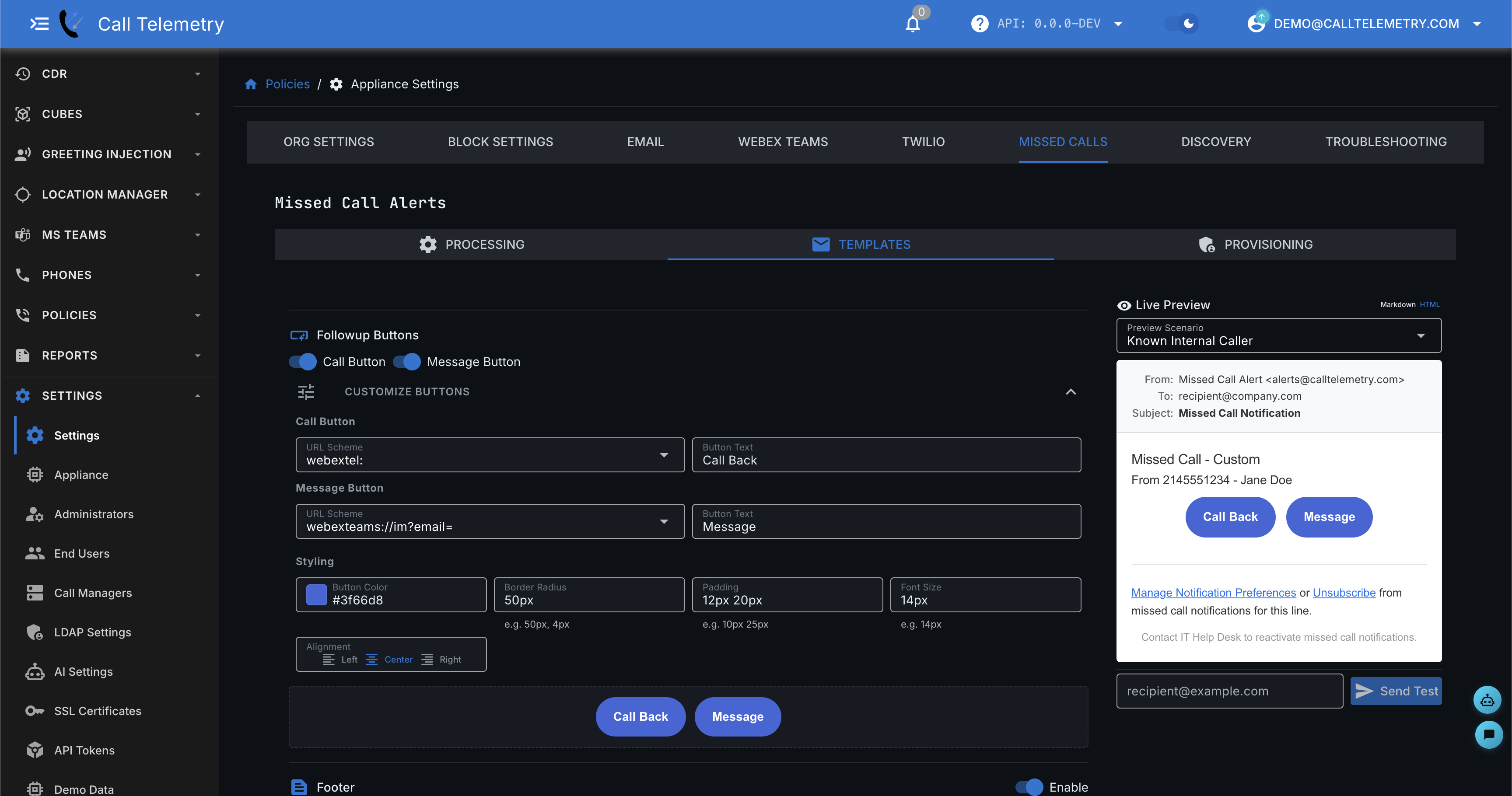 Button customization and styling settings