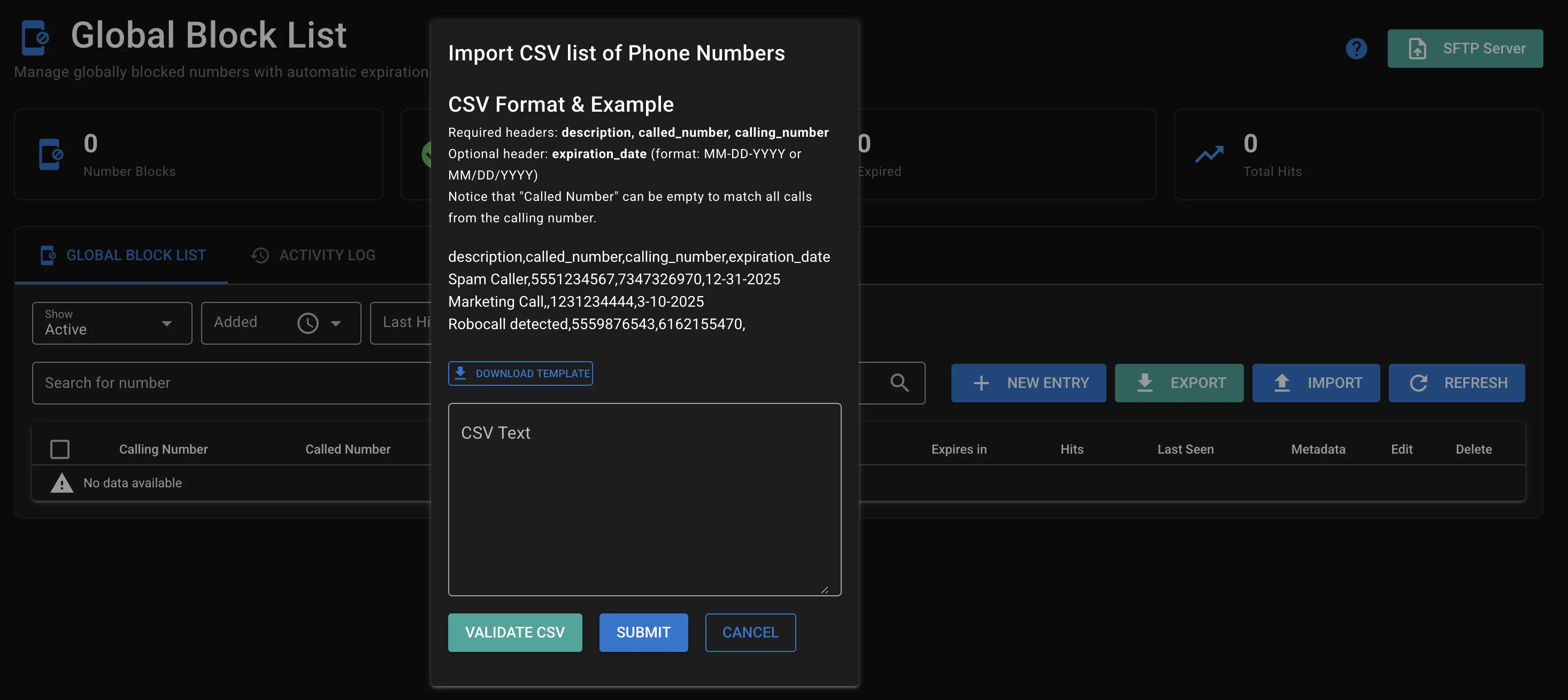 Screenshot of a user adding a CSV list of calling numbers to block