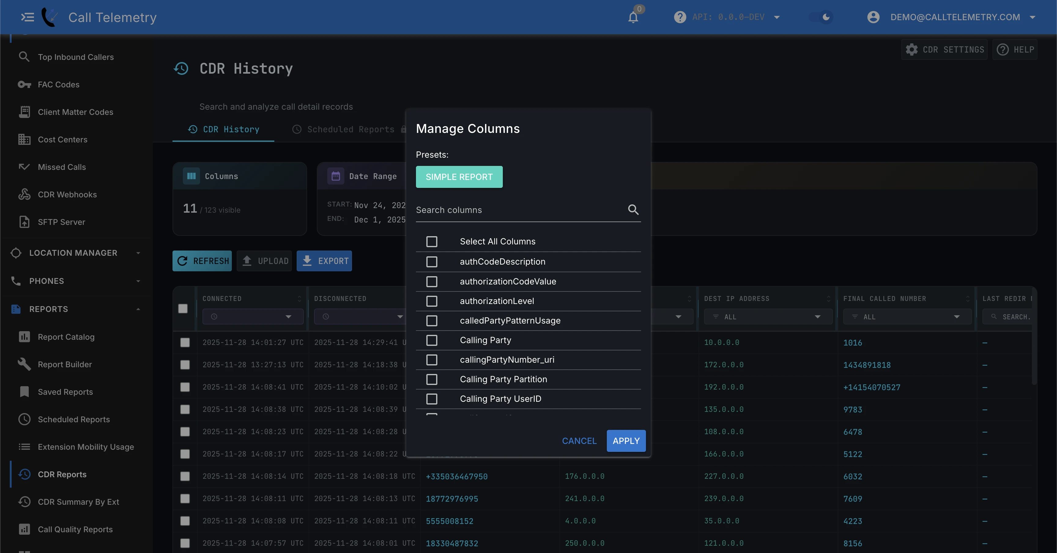 Screenshot of CDR Reporting with column management