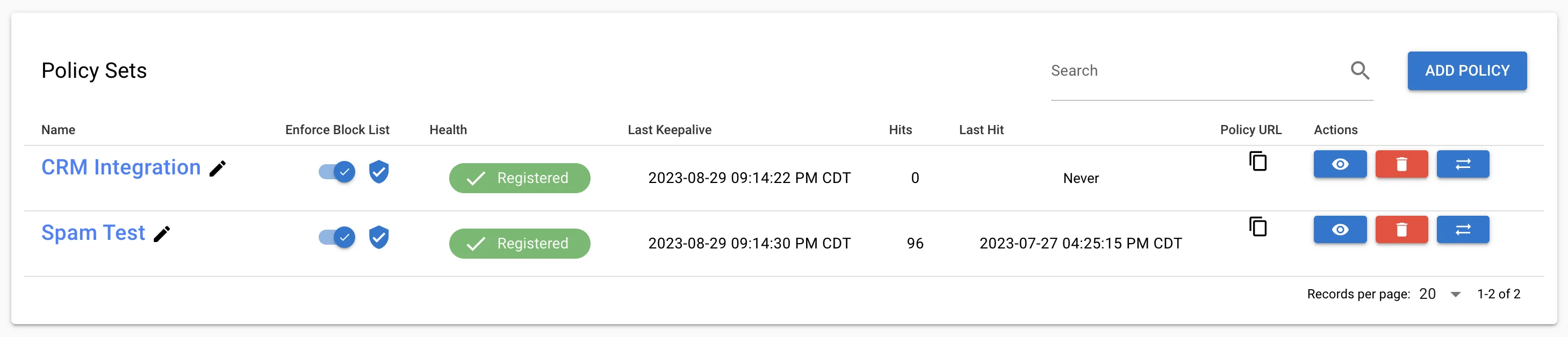 Screenshot of a Call Policy Example