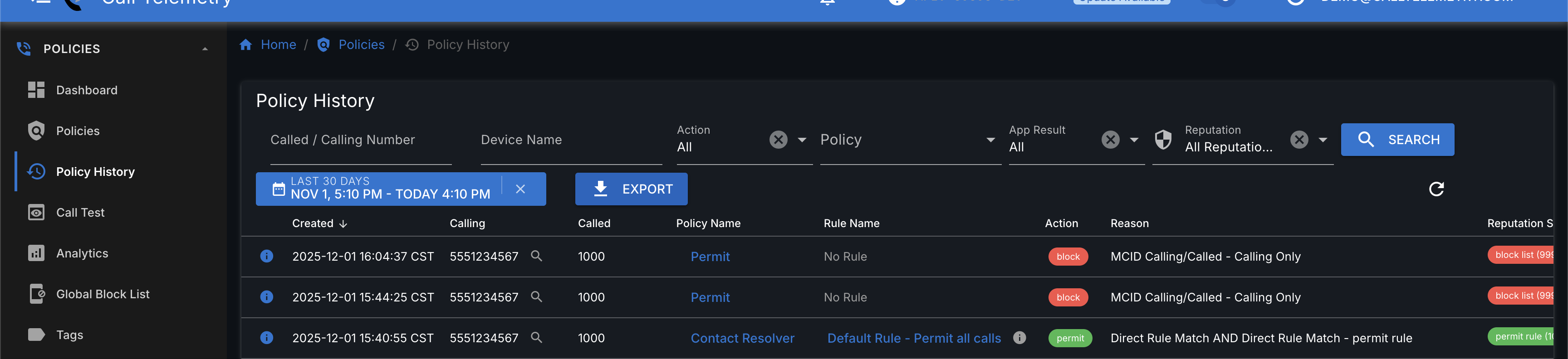 Screenshot of Policy History showing blocked calls with MCID reason