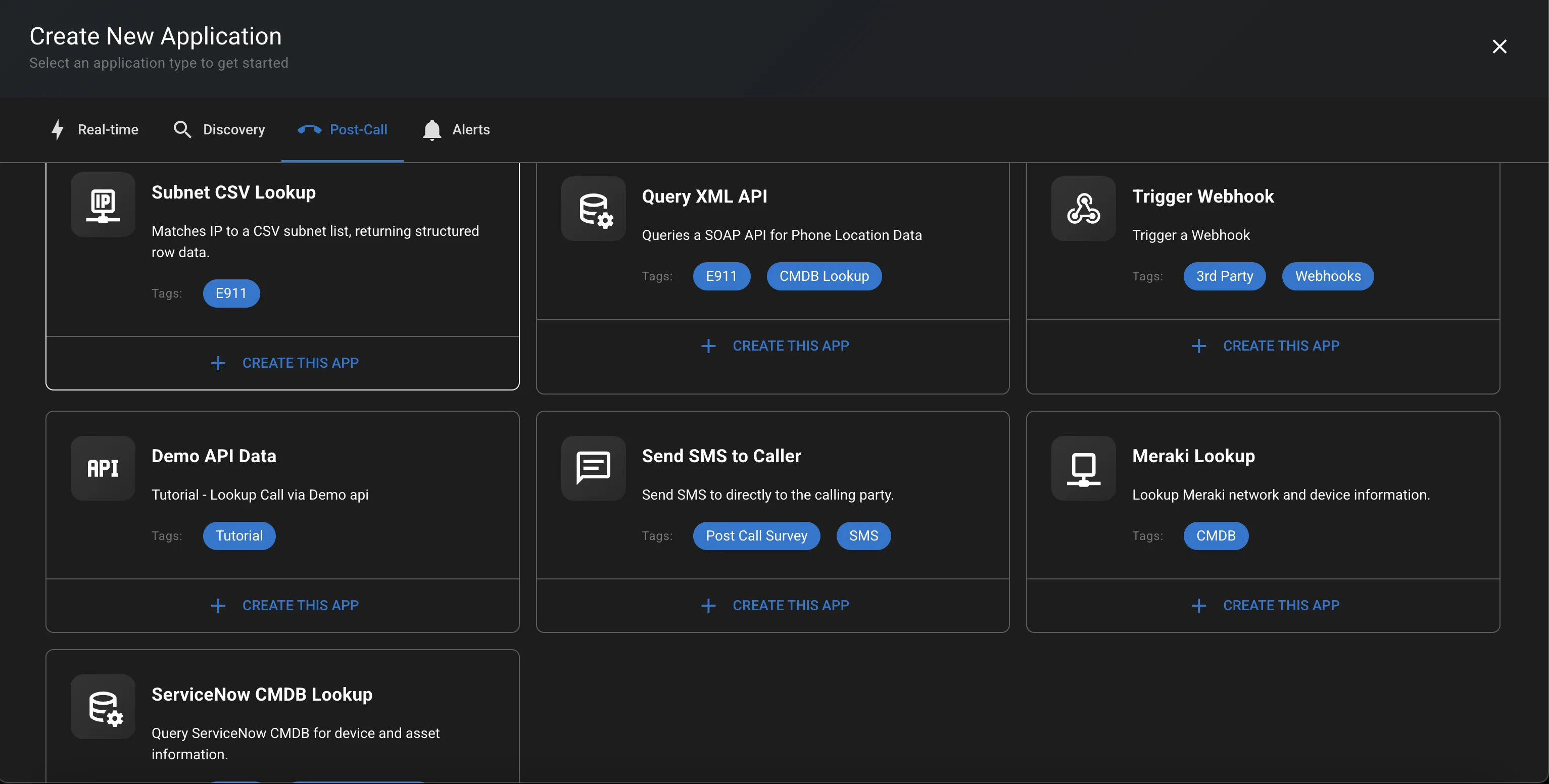 Screenshot showing Post Call App Catalog