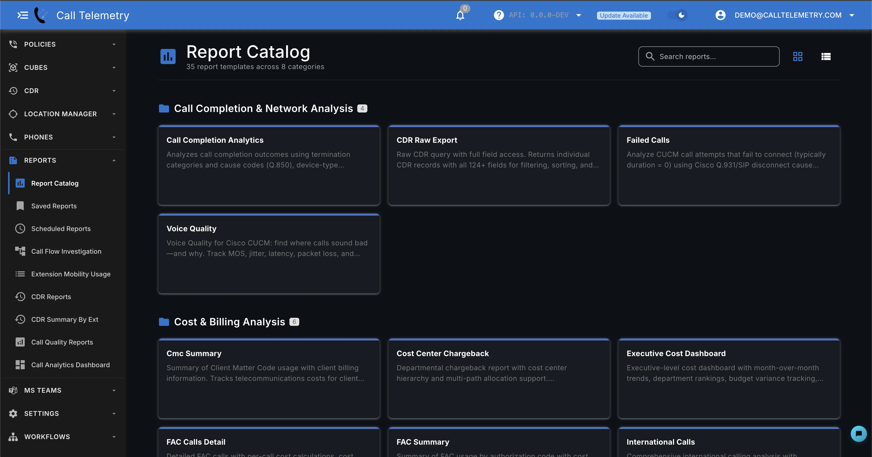 Report Catalog showing report templates grouped by category
