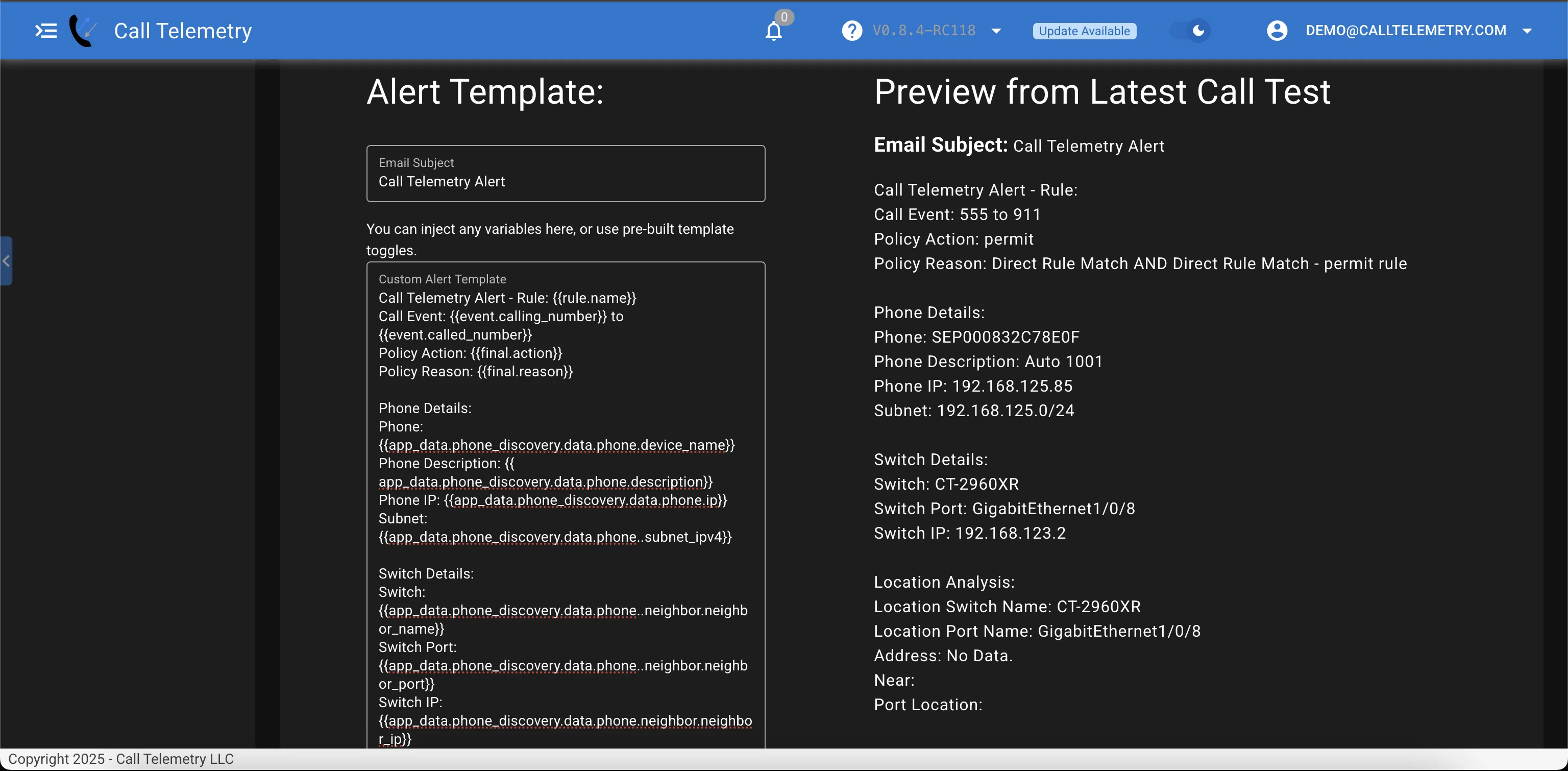 Screenshot showing a preview of an alert rendered from the last call tests data