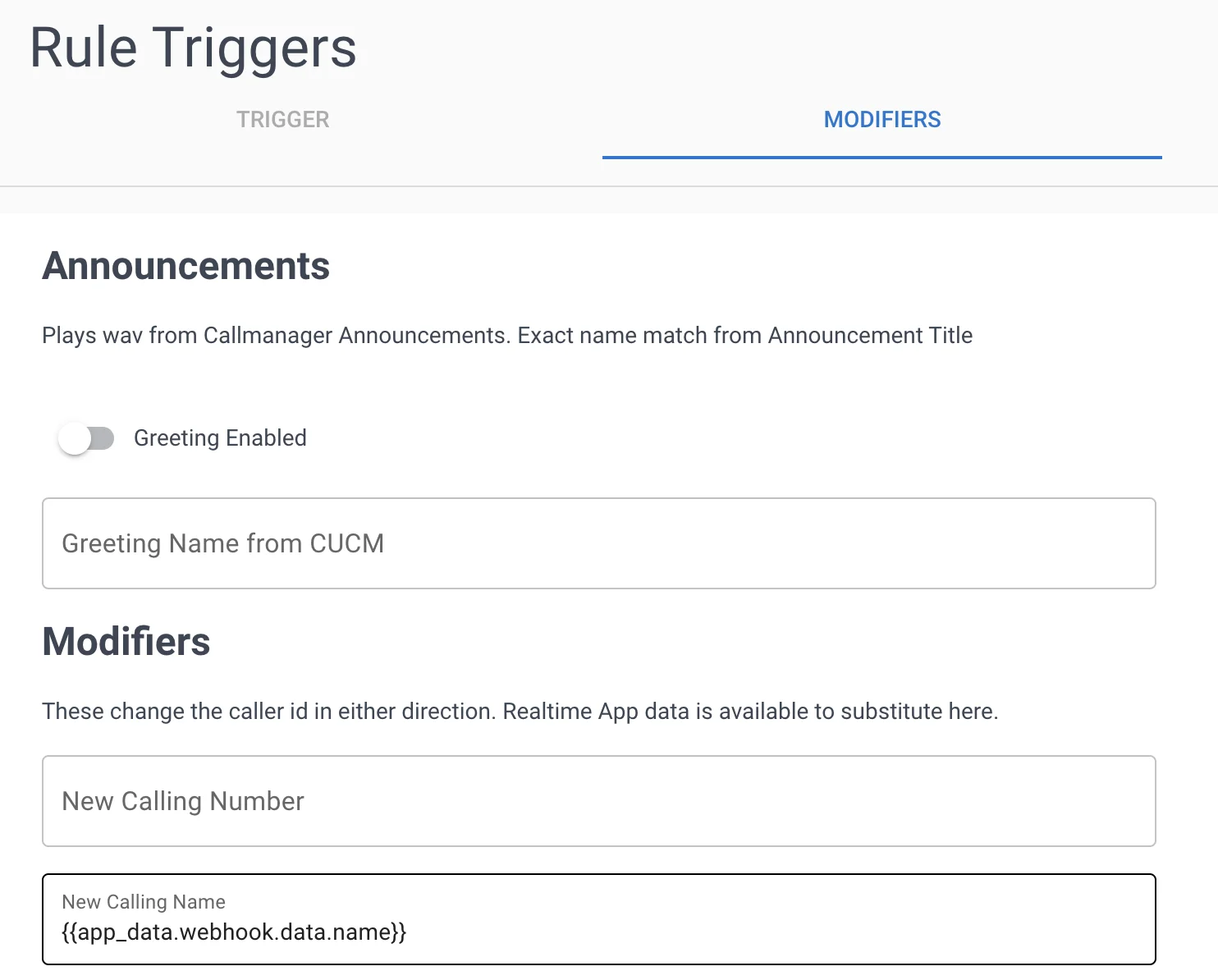 Rule modifiers showing webhook data reference