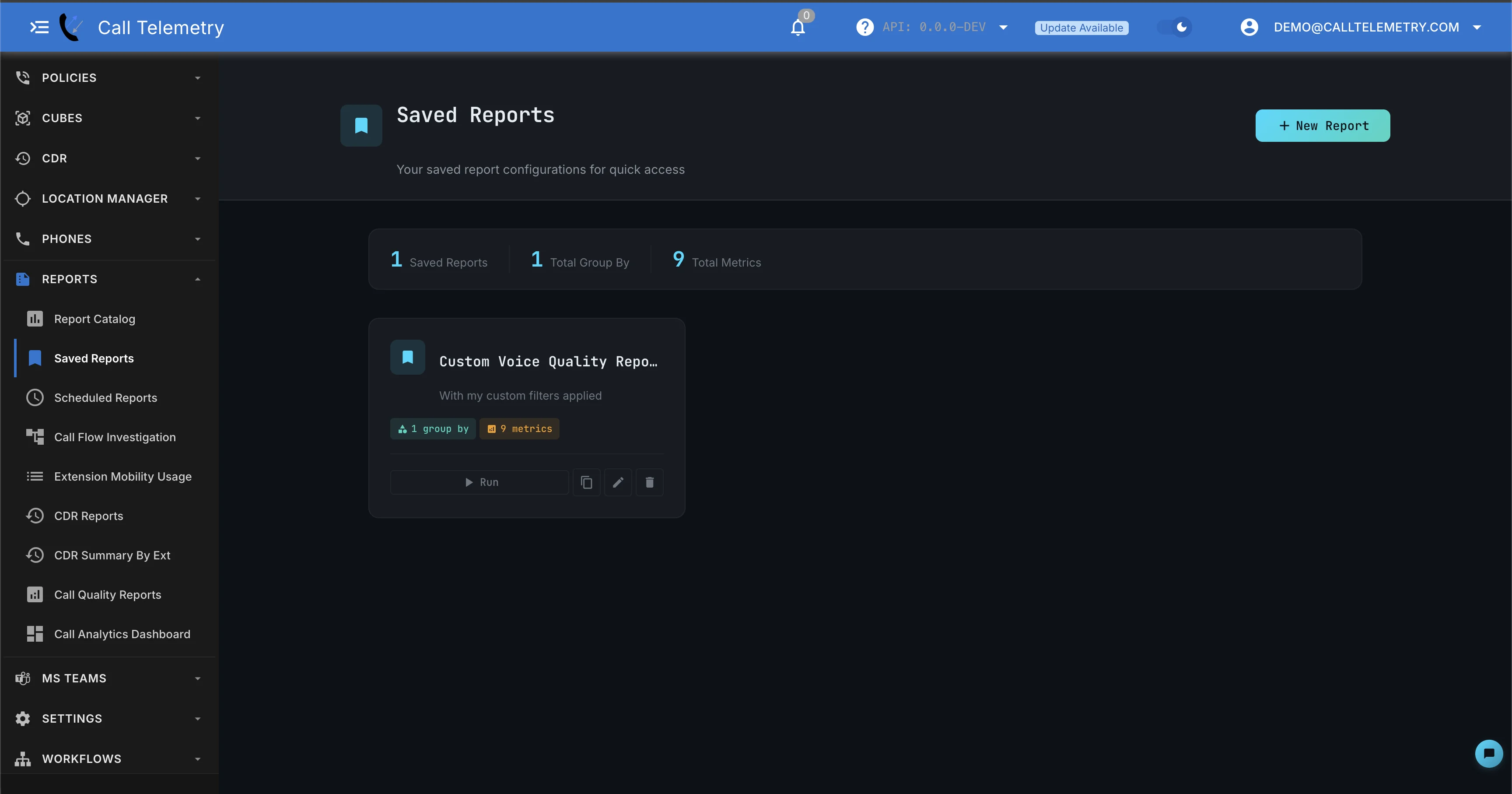 Screenshot of saved reports grid