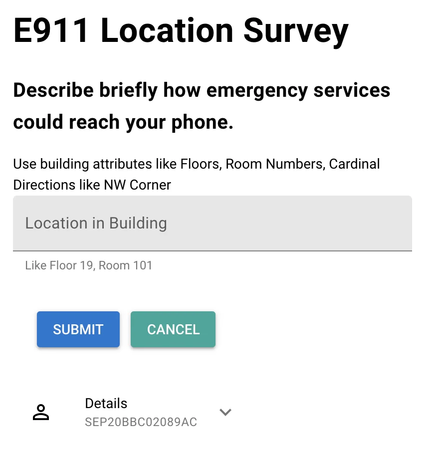E911 QR code survey step 2 prompt for technician to enter building, floor, and room location details