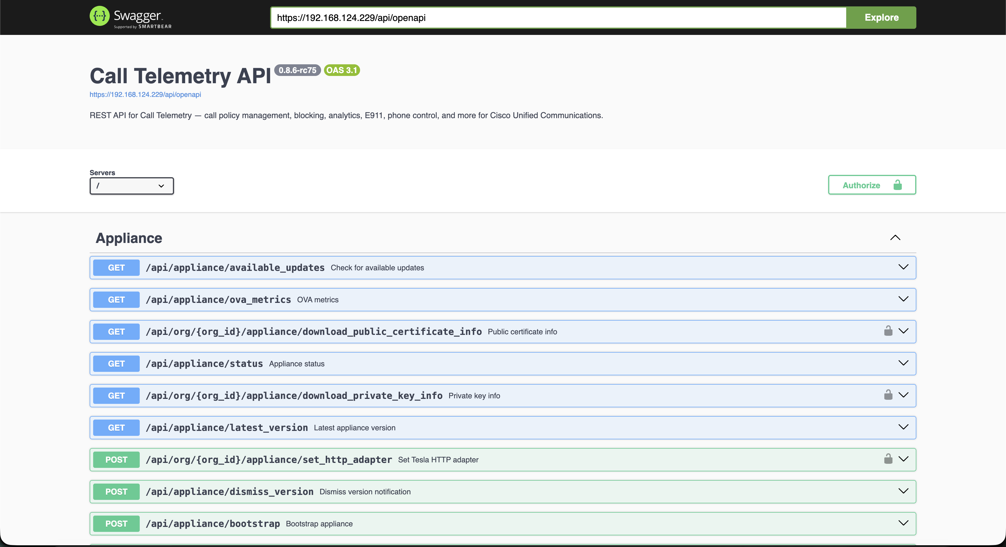 Swagger UI showing the Call Telemetry API