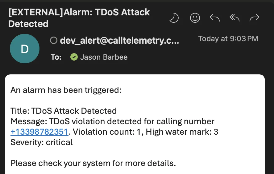 Sample TDoS email alert notification sent to administrators when a telephony denial-of-service threshold is triggered