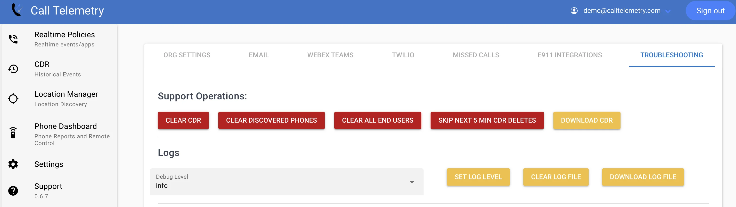 Screenshot of the Call Telemetry OVA appliance Troubleshooting page showing the Download logs button and log level selector
