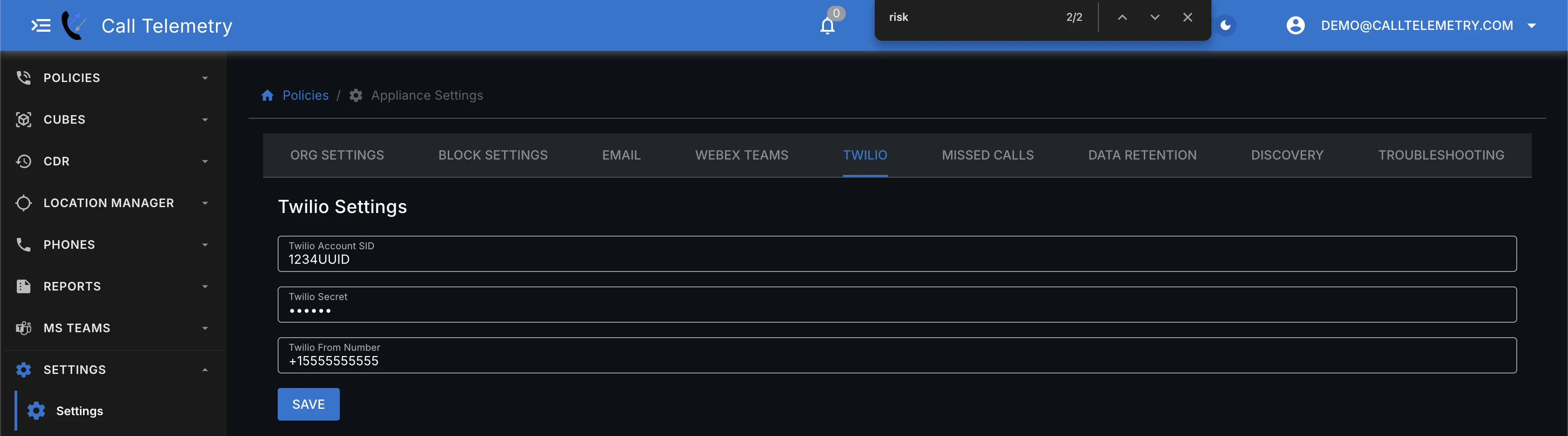 Twilio SMS configuration on the appliance