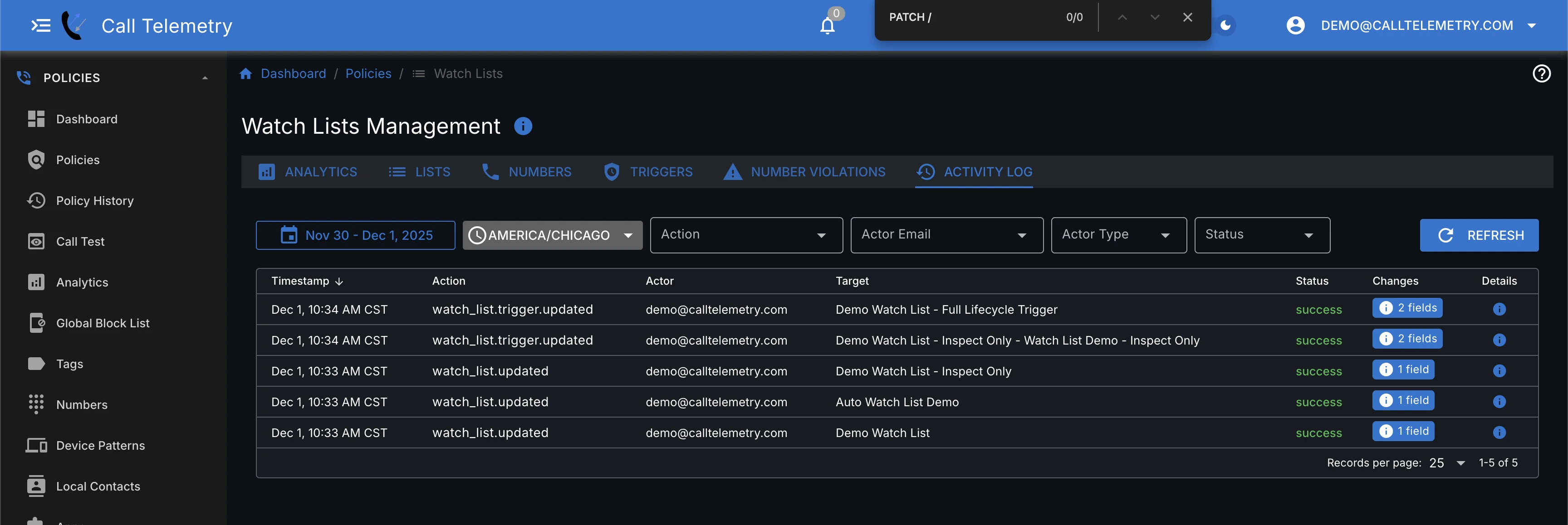 Screenshot showing watch list activity log with changes and actors