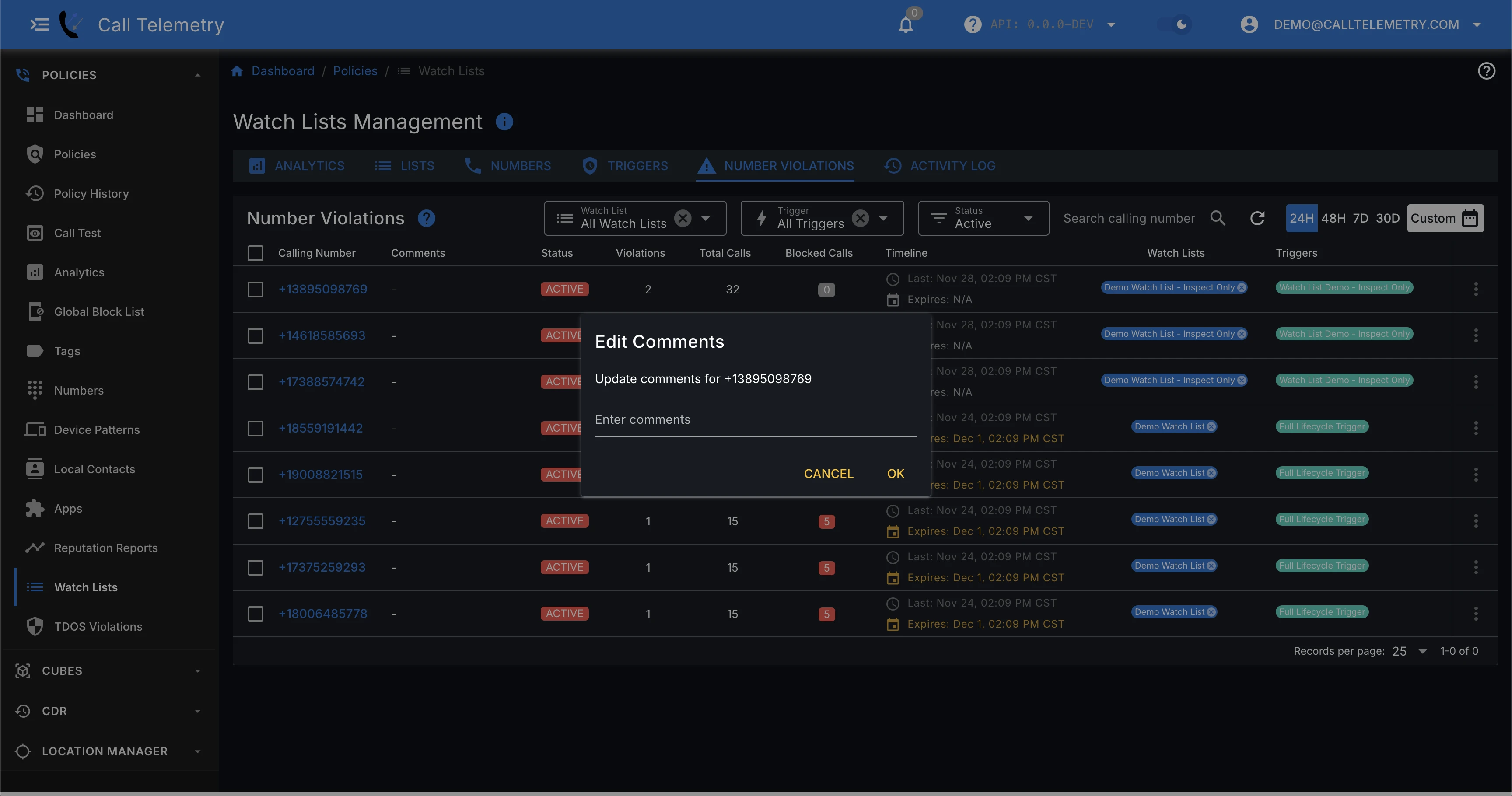 Dialog for adding comments to a watch list violation