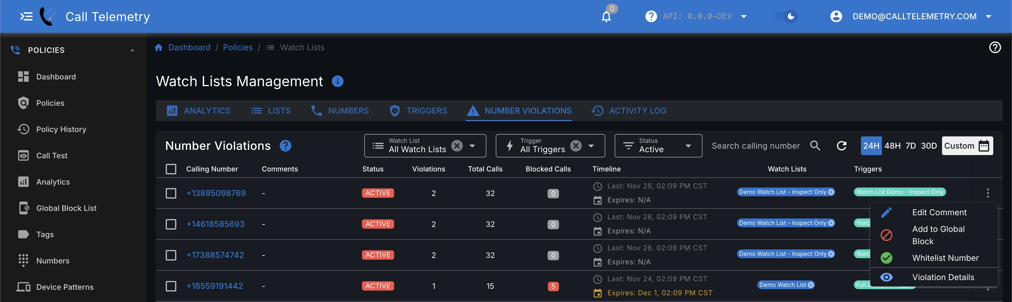 Screenshot showing actions to comment, global block, and whitelist a watch list violation