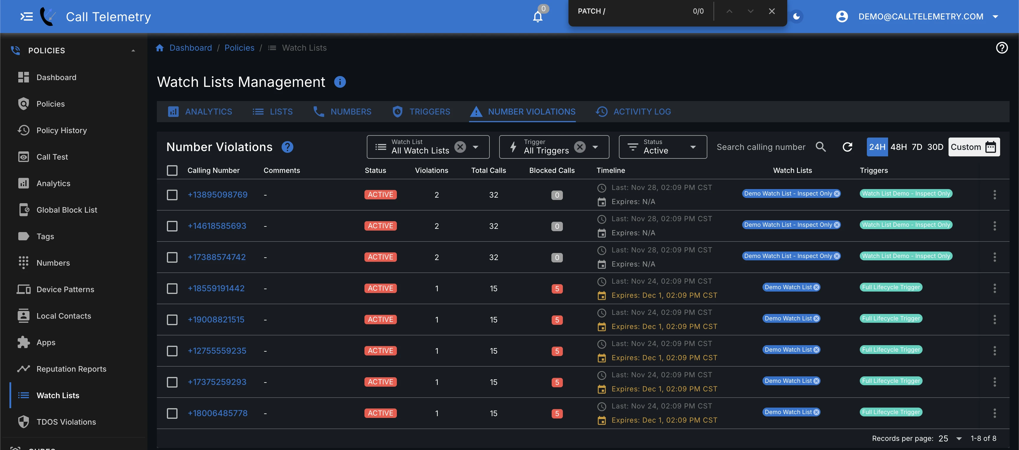 Screenshot showing number violations for watch lists