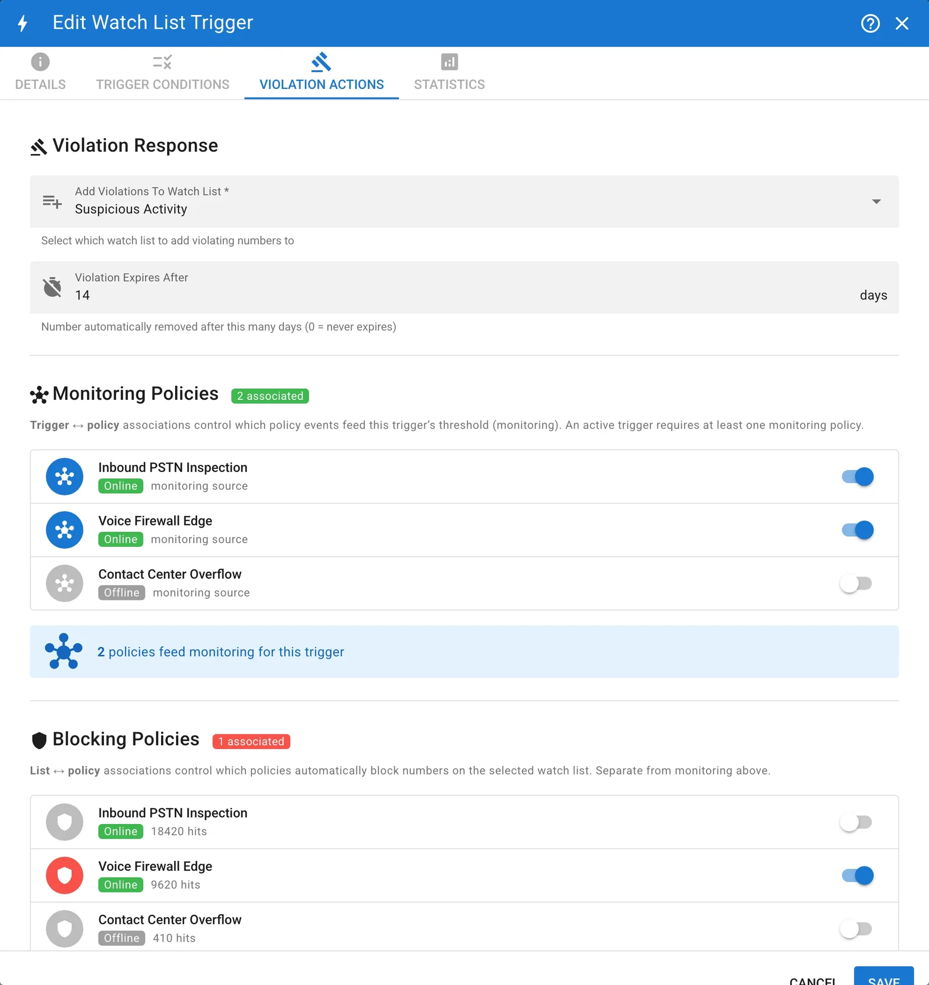 Violation Actions with count and list blocking settings
