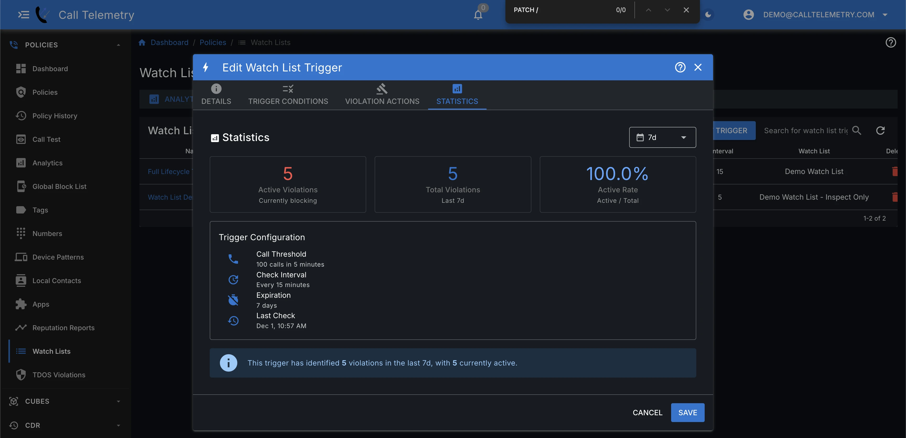 Watch list trigger statistics showing violations and configuration summary
