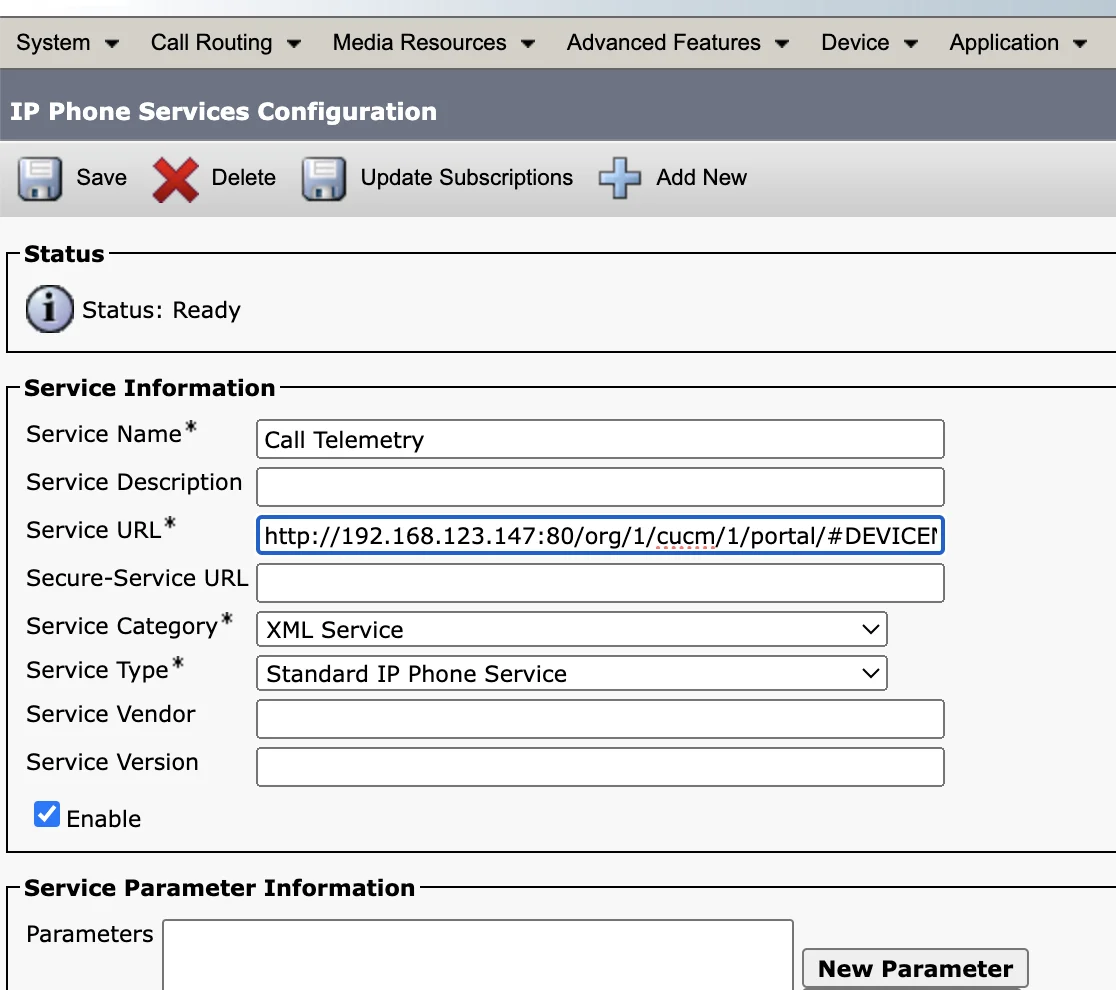 Screenshot showing the Cisco IP Phone XML URL Service