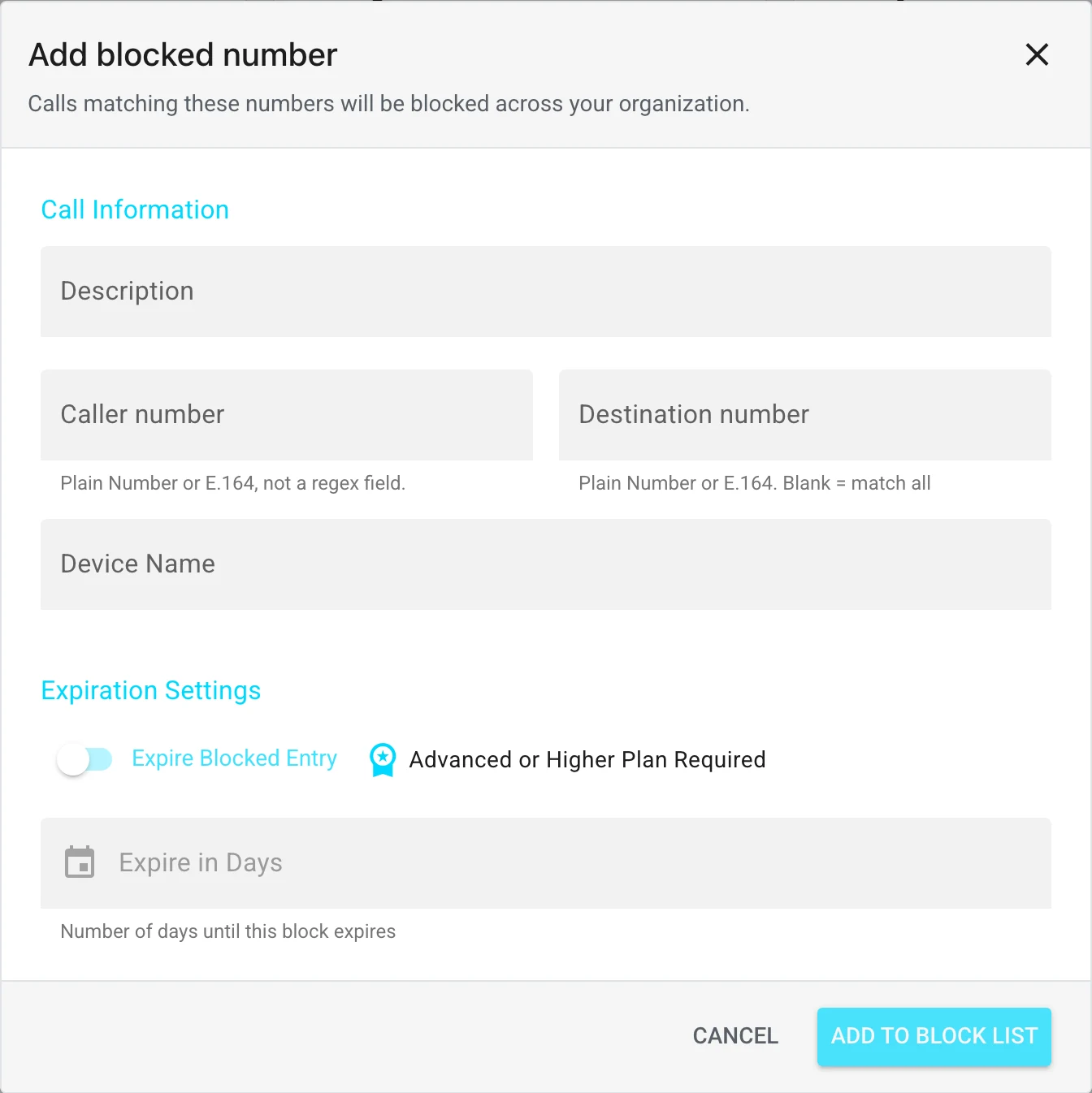 Add blocked number dialog with description, caller and destination number, device name, and auto-expiration settings
