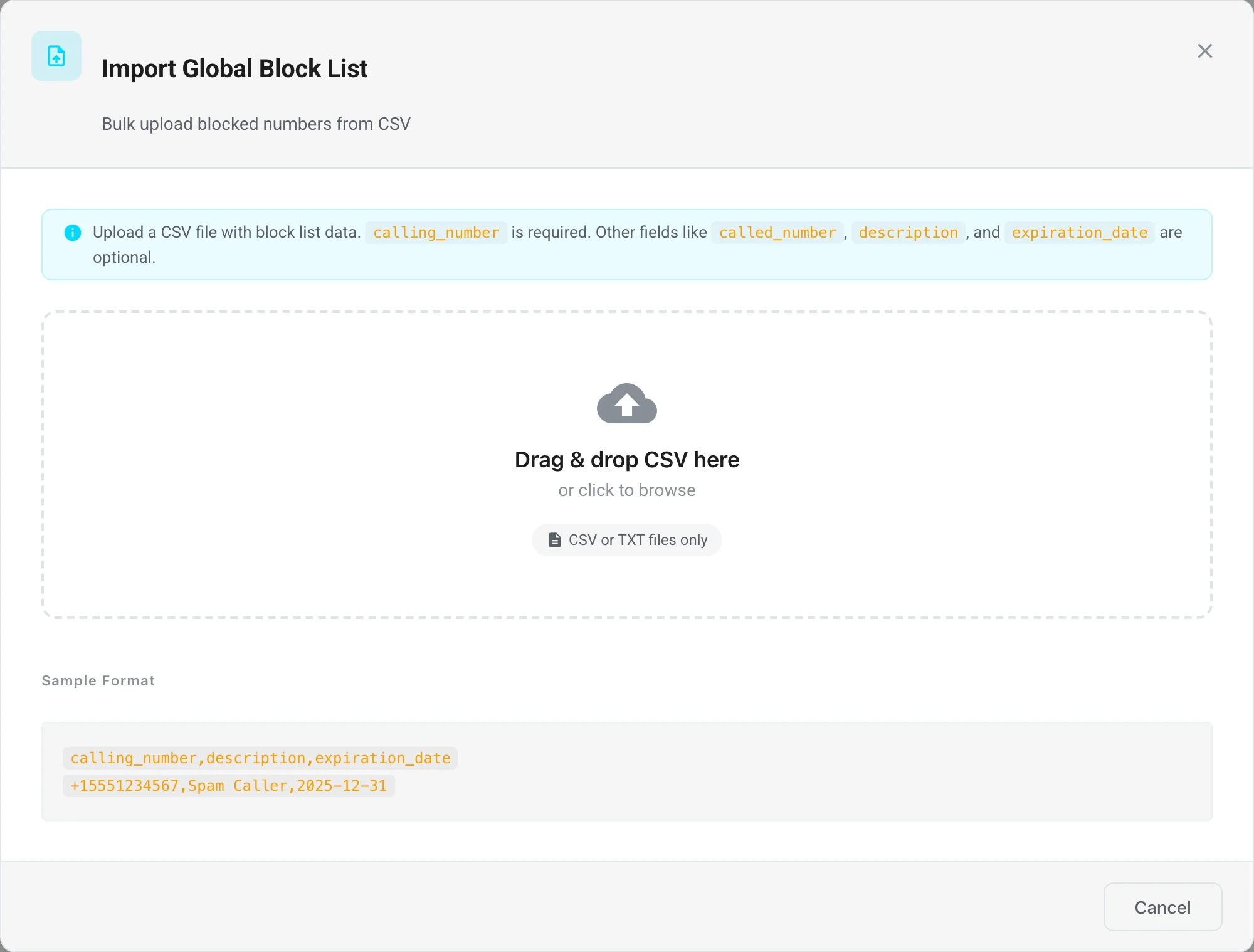 Import Global Block List dialog with drag-and-drop CSV upload, required and optional column guidance, and a sample format